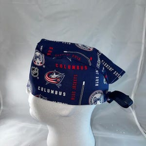 Columbus Blue Jackets NHL Tie Back Scrub Cap, Nurse Hat, Surgical Cap, Surgery. With or Without Ponytail Holder.