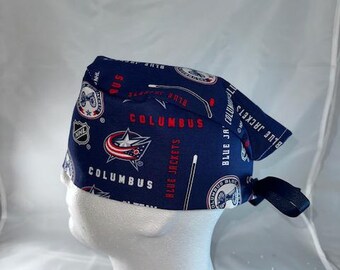 Columbus Blue Jackets NHL Tie Back Scrub Cap, Nurse Hat, Surgical Cap, Surgery. With or Without Ponytail Holder.