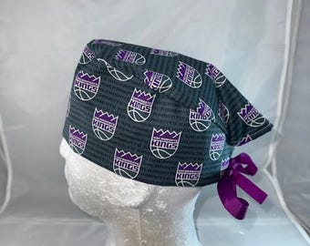Sacramento Kings Mini NBA Tie Back Scrub Cap, Nurse Hat, Surgical Cap, Surgical Hat, , Operating Room. With or Without Ponytail Holder.