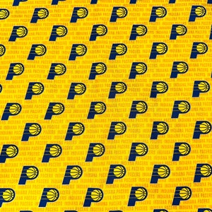 May include: A yellow fabric with a repeating pattern of the Indiana Pacers logo. The logo is blue and features a basketball and the letter "P". The text "Indiana Pacers" is repeated in a smaller font throughout the fabric.