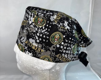 US Army Camo Tie Back Scrub Cap, Nurse Hat, Surgical Cap, OR Cap, Surgery, Operating Room. With or Without Ponytail Holder.