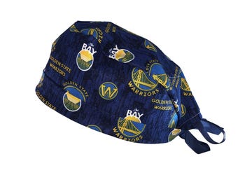 Golden State Warriors The Bay NBA Tie Back Scrub Cap, Nurse Hat, Surgical Cap, OR Cap, Surgery. With or Without Ponytail Holder.