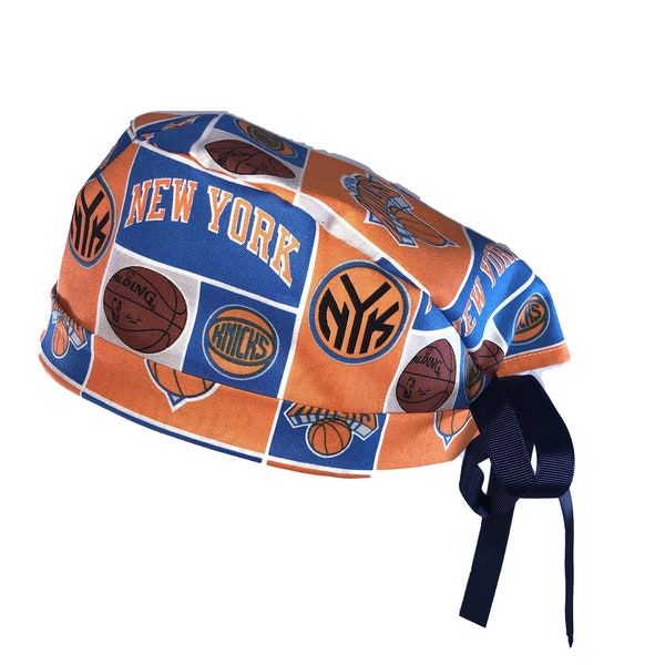 New York Knicks NBA Basketball Tie Back Scrub Cap, Nurse Hat, Surgical Cap, OR Cap, Surgery. With or Without Ponytail Holder.