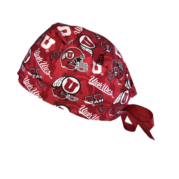 Utah Utes NCAA 100% Cotton Tie Back Scrub Cap, Nurse Hat, Surgical Cap, OR Cap, Surgery, Operating Room. With or Without Ponytail Holder.