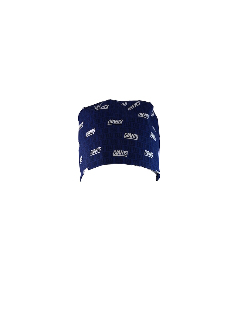 May include: A blue and white patterned fabric headband with the word "Giants" repeated throughout the design.