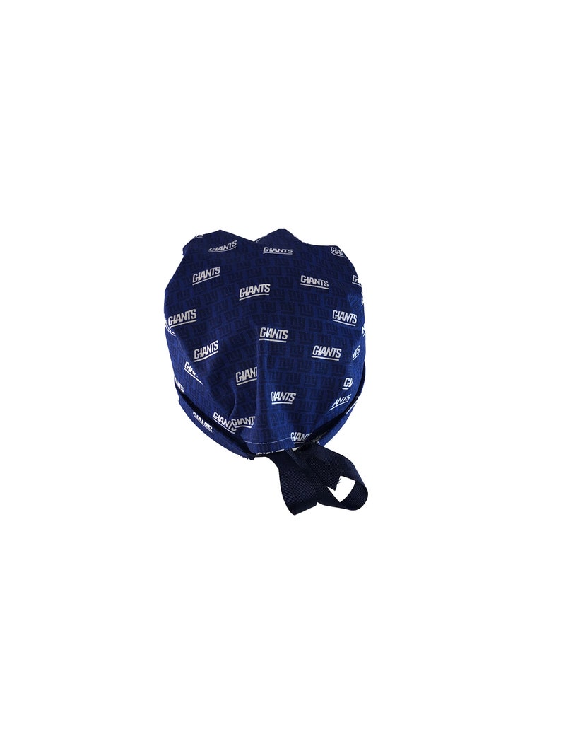 May include: A blue and white patterned bandana with the word "Giants" repeated throughout. The bandana is tied at the back with a black strap.