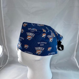Oklahoma City Thunder Web NBA  Tie Back Scrub Cap, Nurse Hat, Surgical Cap, Operating Room. With or Without Ponytail Holder.