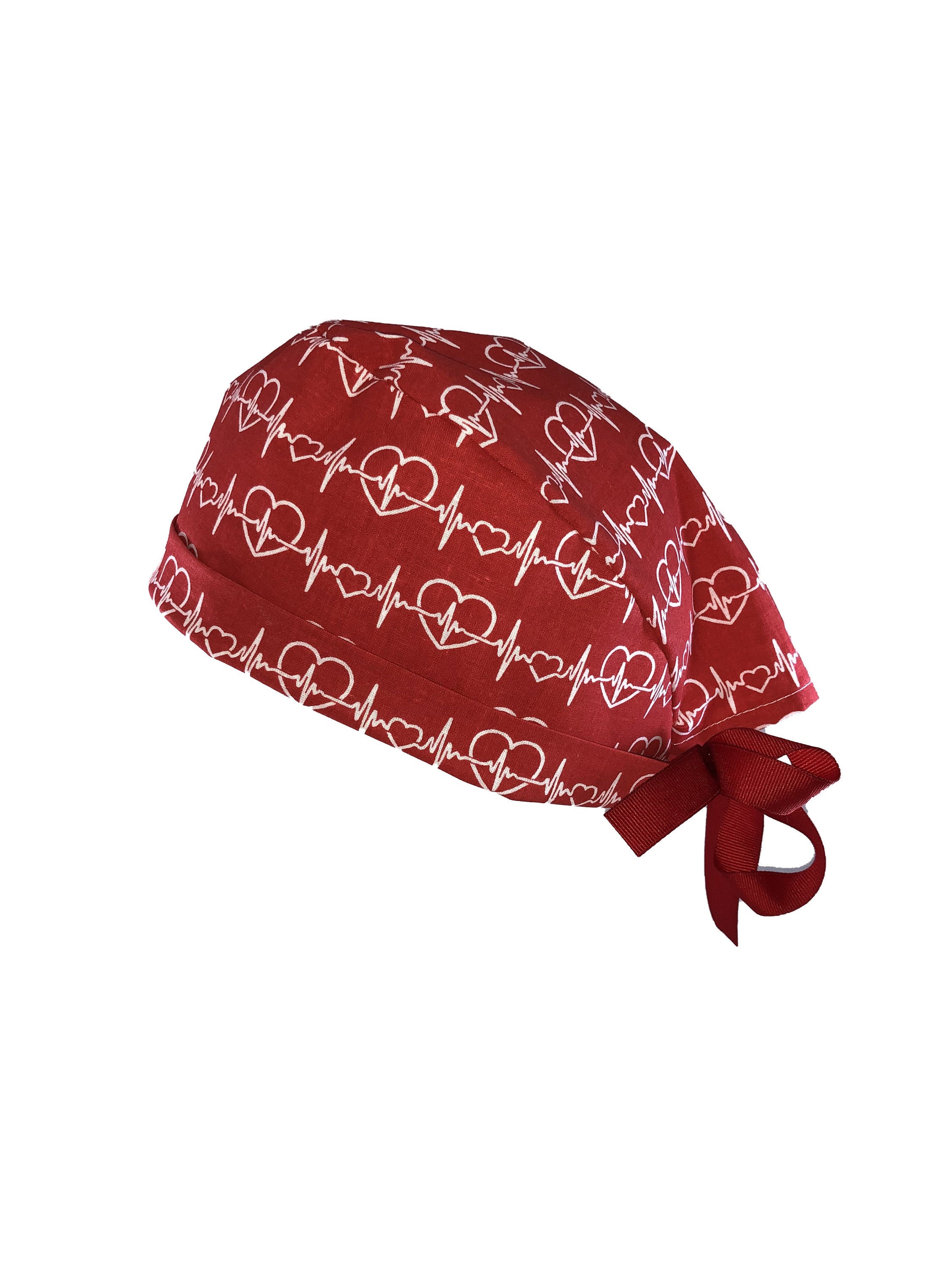 EKG Red Hearts Tie Back Scrub Cap, Nurse Hat, Surgical Cap, OR Cap, Surgery, Operating Room. With or Without Ponytail Holder.