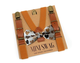 Heart Bow Tie & Camel Leather Suspenders --- PERFECT for Kids Valentines Day, Gift for Men, Boys, Toddler, Watercolor Tan Khaki