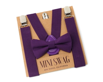 Plum Bow Tie and Suspenders--PERFECT for Wedding, Groomsmen, Ring Bearer or Page Boy Outfit, Purple Birthday, Cake Smash, Eggplant