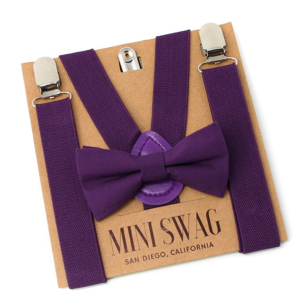 Plum Bow Tie and Suspenders--PERFECT for Wedding, Groomsmen, Ring Bearer or Page Boy Outfit, Purple Birthday, Cake Smash, Eggplant