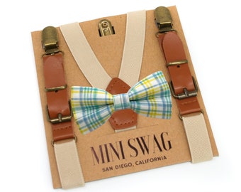 Spring Plaid Bow Tie & Khaki Leather Suspenders --- PERFECT for Boys Easter or Church Outfit, Gift, Father Son Matching Outfit