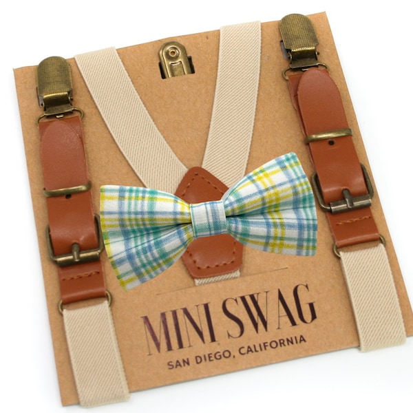 Spring Plaid Bow Tie & Khaki Leather Suspenders --- PERFECT for Boys Easter or Church Outfit, Gift, Father Son Matching Outfit