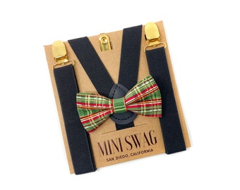 Red and Green Plaid Bow Tie & Black Suspenders --- Perfect for Christmas Outfit, Holiday Party, 1st Birthday, Candy Cane, Baby - Mens Size