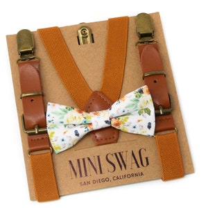 White Fall Floral Bow Tie or Necktie & Camel Leather Suspenders--PERFECT for Ring Bearer, Page Boy, Groomsmen, 1st Birthday Outfit, Wedding