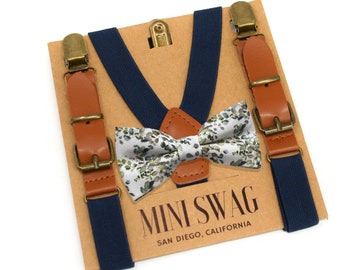 Eucalyptus Bow Tie & Navy Leather Suspenders --- PERFECT for Groomsmen, Ring Bearer or Page Boy Outfit, Wedding, Dusty Sage, Agave, Fern
