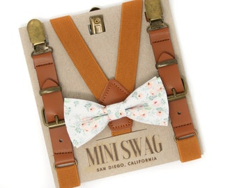 White Blush Floral Bow Tie & Camel Leather Suspenders--PERFECT for Ring Bearer or Page Boy, Groomsmen, Summer Wedding Gift