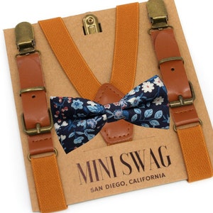 Marine and Dusty Blue Floral Bow Tie & Camel Leather Suspenders --- PERFECT for Groomsmen, Ring Bearer or Page Boy Outfit, Wedding, Navy