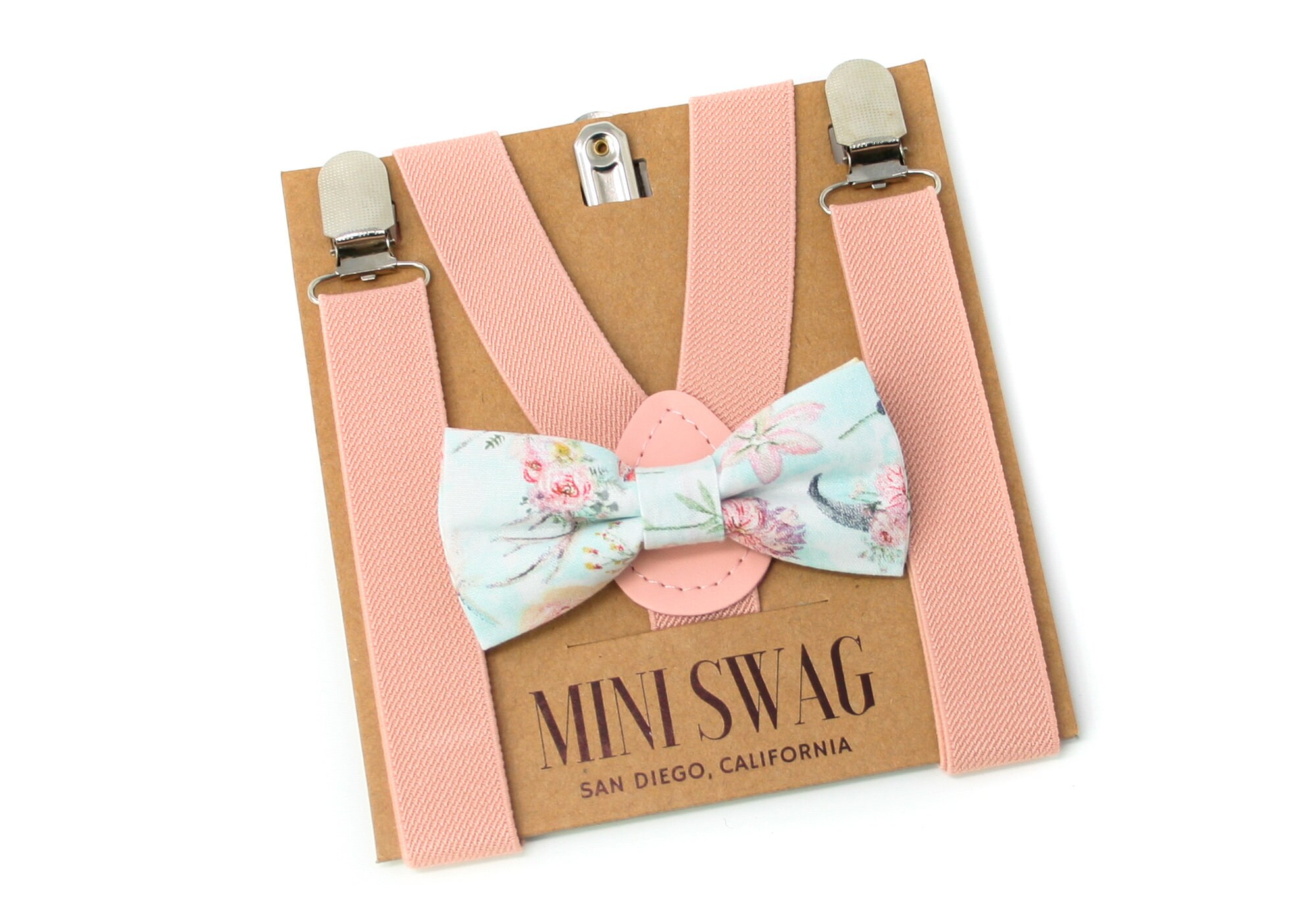 blush pink suspenders and bow tie