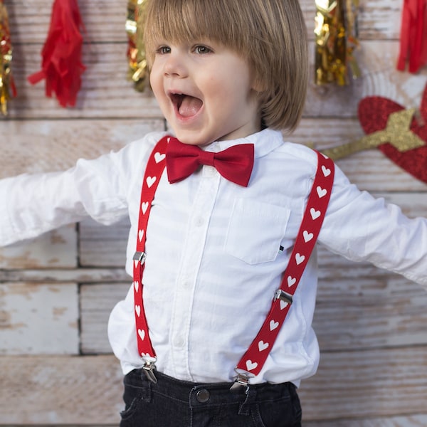 Boys Valentines Day Outfit —- Red Bow Tie & Valentines Heart Suspenders --- PERFECT Gift for Baby, Toddler, Kids