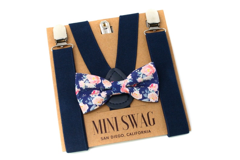 Blue Floral Bow Tie & Navy Suspenders PERFECT for Ring Bearer or Page Boy Outfit, Groomsmen, Wedding Gift, Boys Cake Smash image 1