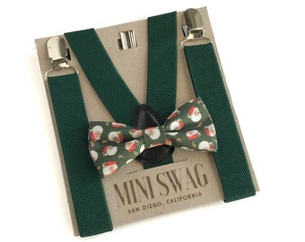 Vintage Santa Christmas Bow Tie and Hunter Green Suspenders -- Holiday, Christmas Outfits, Baby's 1st Christmas, Baby, Toddler, Boys