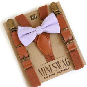 Lavender Bow Tie and Camel Leather Suspender Set--Perfect for Ring Bearer Outfit, Light Purple Wedding, Mother's Day Outfit, Easter Outfit,
