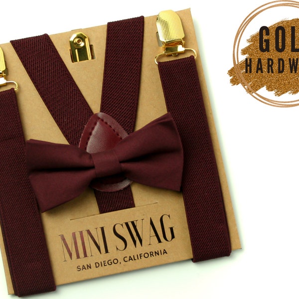 Dark Burgundy Bow Tie and Suspenders with GOLD Clips -- BABY - ADULT Sizes, Perfect for Ring Bearer, Page Boy, Wine, Cabernet, Bordeaux