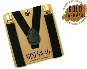 Black Suspenders with Gold Clips --- BABY-MENS Sizes, PERFECT for Ring Bearer Outfit, Page Boy, Cake Smash, Groomsmen, Wedding