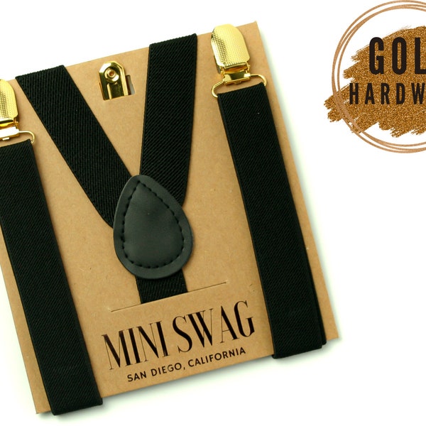 Black Suspenders with Gold Clips --- BABY-MENS Sizes, PERFECT for Ring Bearer Outfit, Page Boy, Cake Smash, Groomsmen, Wedding