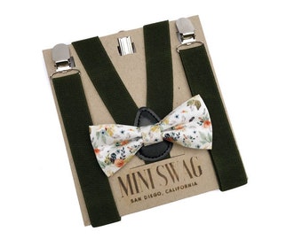 Fall Floral Bow Tie & Moss Green Suspenders--- PERFECT for Ring Bearer Outfit, Page Boy, Wedding, Cake Smash,Boy Gift, Birthday Outfit