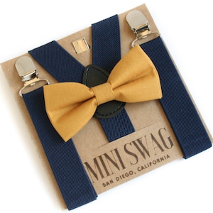 Mustard Yellow Bow Tie & Navy Suspenders --- PERFECT for Groomsmen, Ring Bearer or Page Boy Outfit, Cake Smash, Birthday, Gold