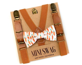 Boys Easter Carrot Bow Tie & Camel Leather Suspenders --- Perfect for Toddler Outfit, Basket Stuffers, Church, Birthday or Baby Gift