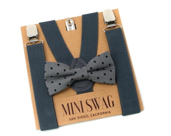Dark Gray Polka Dot Bow Tie and Suspenders -- PERFECT for Cake Smash, First Birthday, Ring Bearer, Page Boy Outfit or Gift