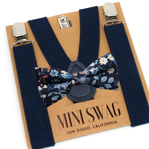 Marine Dusty Blue Floral Bow Tie & Navy Suspenders Set --- PERFECT for Ring Bearer Outfit, Groomsmen, Wedding, Steel Blue, Twilight, Necktie