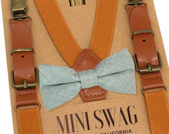 Dusty Sage Bow Tie & Camel Leather Buckle Suspenders - PERFECTO para portadores de anillos, padrinos de boda, trajes de boda, Davids Bridal, Azazie Agave