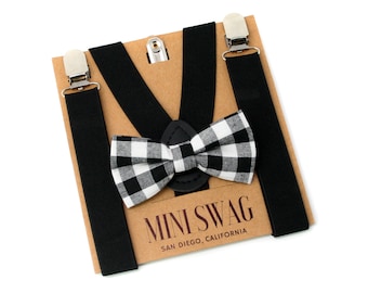 Black and White Buffalo Plaid Bow Tie and Black Suspenders for Boys Christmas Outfit, Baby's Cake Smash, Fall Family Photos, Birthday Gift