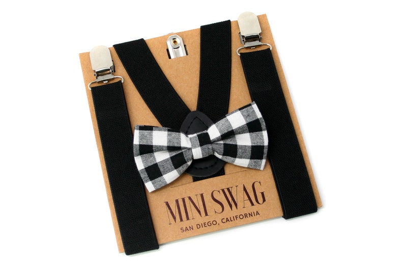 Black and White Buffalo Plaid Bow Tie and Black Suspenders for Boys Christmas Outfit, Baby's Cake Smash, Fall Family Photos, Birthday Gift 