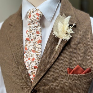 Ivory & Terracotta Floral Necktie for Men