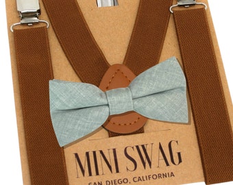 Dusty Sage Bow Tie & Brown Suspenders - PERFECTO para portador de anillos, padrinos de boda, trajes de boda, Cake Smash, novia de David, Azazie Agave