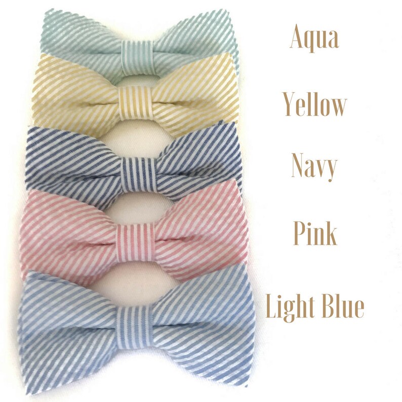Navy Blue Seersucker Bow Tie & Camel Leather Suspenders --- PERFECT for Groomsmen, Ring Bearer or Page Boy Outfit, Cake Smash, Striped image 7