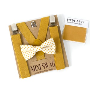 Marigold Dot Bow Tie & Suspenders --- PERFECT for Groomsmen, Ring Bearer, Page Boy, Wedding, David&#39;s Bridal, Birdy Grey, Mustard Yellow