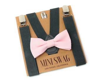 Blush Pink Bow Tie & Dark Gray Suspenders --- PERFECT for Groomsmen, Ring Bearer or Page Boy Outfit, Cake Smash, Wedding Boys, Kids, Baby