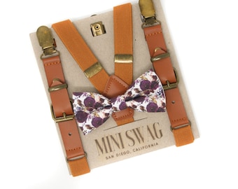 Plum Floral Bow Tie & Leather Buckle Suspenders --- PERFECT for Groomsmen, Ring Bearer or Page Boy Outfit, Wedding or Birthday Gift