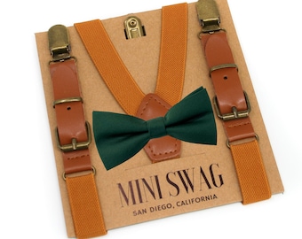 Hunter Green Bow Tie & Leather Suspenders--Perfect for Wedding, Ring Bearers, Page Boy Outfit, David's Bridal Juniper, Christmas Pictures