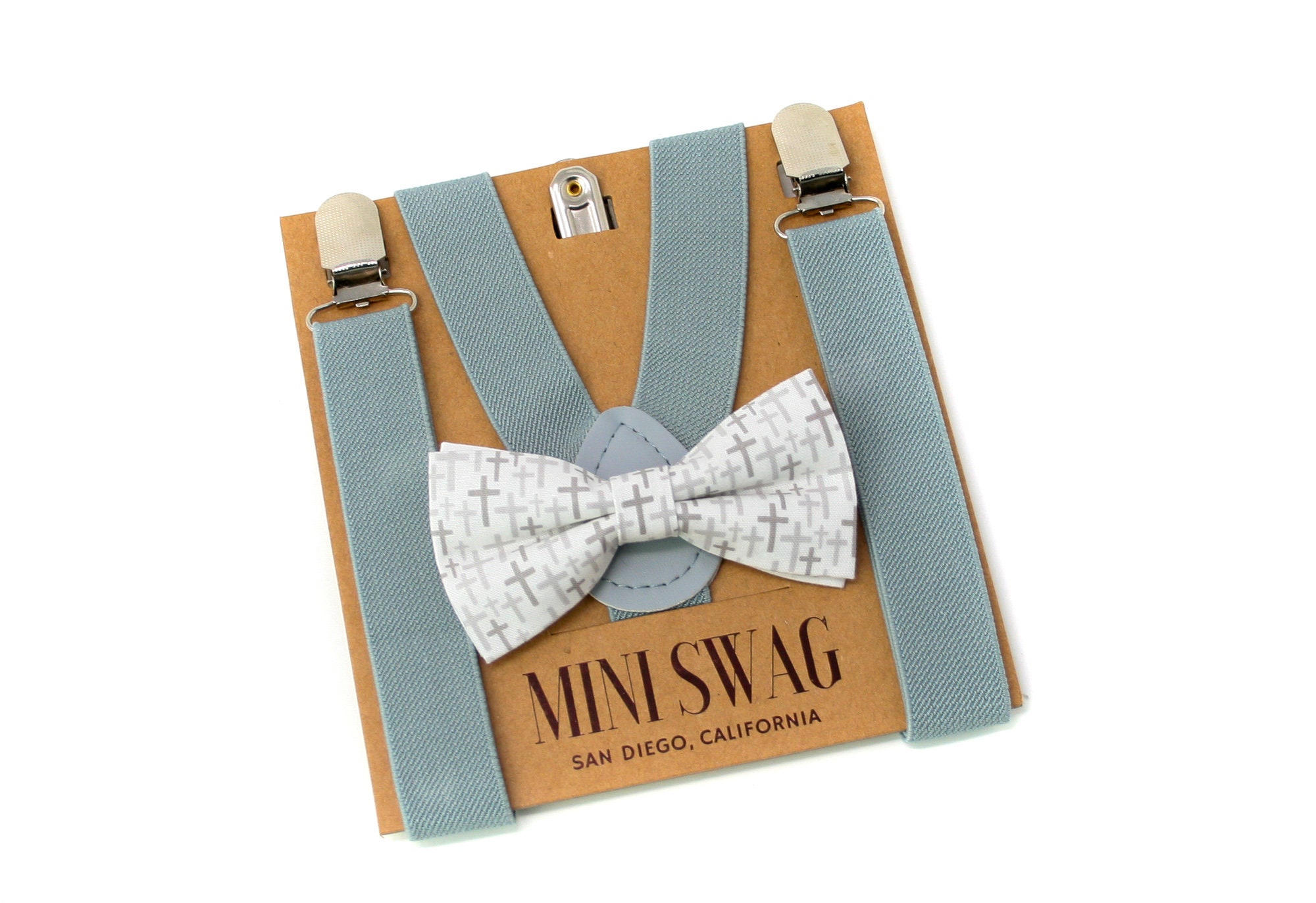 Boys White Slim Fit Communion Suit Suspenders /& Religious Cross Bow Tie