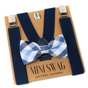 Navy and Light Blue Plaid Bow Tie and Navy Suspenders Perfect for Boys Cake Smash Outfit, Ring Bearer, 1st Birthday, Toddler, Baby image 1