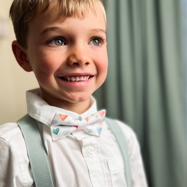 Boys Valentines Day Outfit —- Heart Bow Tie & Dusty Sage Suspenders --- PERFECT for Kids Valentines Day, Gift for Men, Toddler
