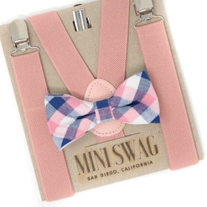 Navy Blue and Pink Bow Tie & Blush Pink Suspenders PERFECT for Ring Bearer or Page Boy Outfit, Wedding Gift, Baby, Toddler, Boys image 1