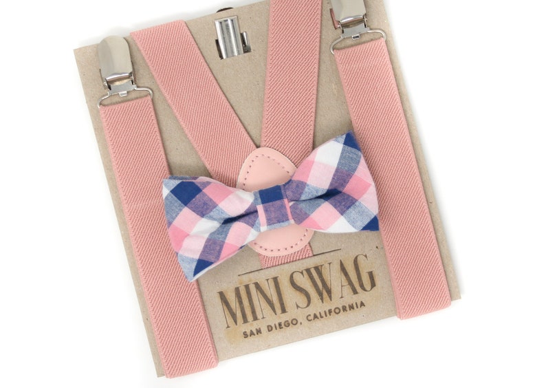Navy Blue and Pink Bow Tie & Blush Pink Suspenders PERFECT for Ring Bearer or Page Boy Outfit, Wedding Gift, Baby, Toddler, Boys image 1